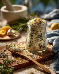 Closeup of glass jar filled with sea salt blended with dried rosemary thyme sage garlic flakes and lemon zest aromatic and rustic.