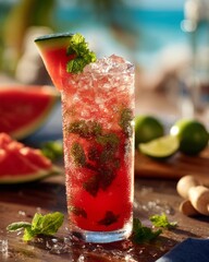 Studio photo of Mojito à la Pastèque served in a tall frosty glass filled with vibrant red watermelon juice refreshing and summery.