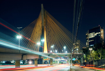 Night urban cityscape with a cable-stayed bridge in S&atilde;o Paulo.