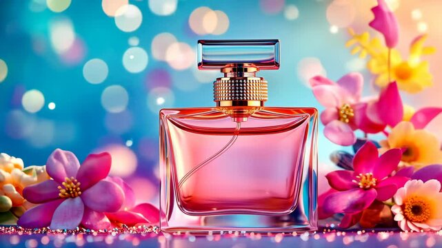 Floral Fragrance Fantasy: A stunning perfume bottle, infused with a delicate rose hue, is surrounded by vibrant, colorful flowers. The scene is kissed by gentle, diffused light.