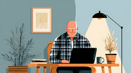 Illustration of a bald man in glasses working on a laptop at a cozy desk, with warm lighting, indoor plants, and books in a home office setting.

