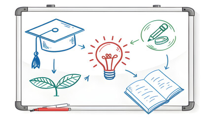vector-style whiteboard with hand-drawn education icons in blue, red and green markers, clean modern look
