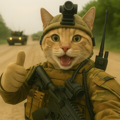 Funny cat dressed as a soldier in full tactical gear giving thumbs up on a dirt road with military vehicles in the background