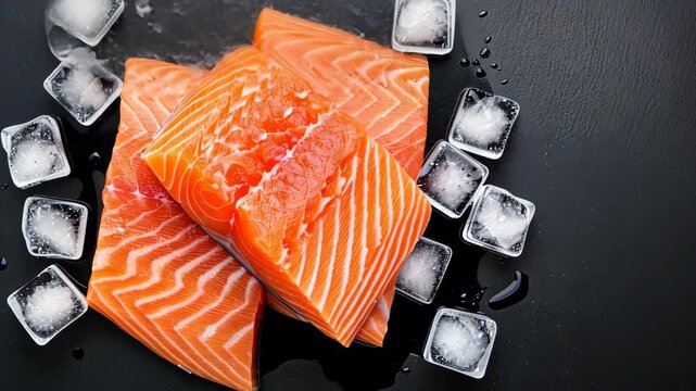 Salmon with Ice: A captivating shot of fresh salmon fillets artfully arranged with ice cubes, embodying the essence of gourmet cuisine and culinary delight.