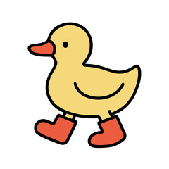 A charming and whimsical illustration of a cheerful duckling sporting rubber boots and walking in style, showcasing a delightful playful character.