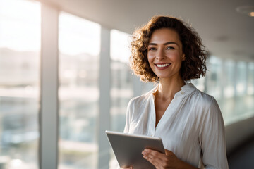 Vibrant professional portrait of a cheerful businessperson smiling confidently in a modern office setting