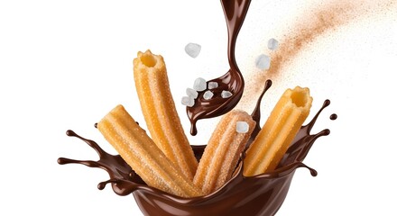Golden churros splashing into melted chocolate with coconut flakes - Spanish dessert food photography