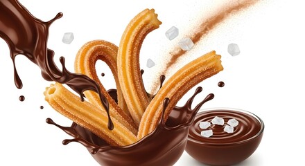 Golden churros splashing into melted chocolate with coconut flakes - Spanish dessert food photography