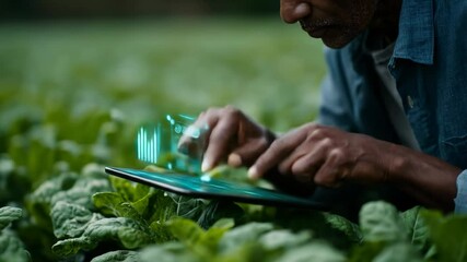 African american farmer using digital tablet with futuristic interface for smart agriculture and crop management, footage. - Powered by Adobe