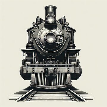 Vintage Steam Train Illustration - Front View, Detailed Engraving, Antique Locomotive, Rail Transport, Historical, Retro Style