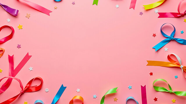Pink background with colorful ribbons and hand-cut paper stars; Copy space, wallpaper, space for text.