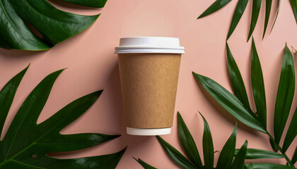 Minimal Takeaway Coffee Cup with Tropical Leaf Background