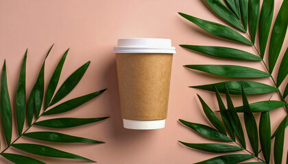Minimal Takeaway Coffee Cup with Tropical Leaf Background