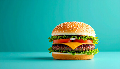 Tasty Cheeseburger with Lettuce and Tomato on Blue Background
