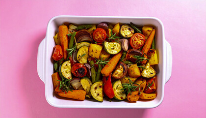 Colorful Roasted Vegetables on Pink Background – Healthy Vegan Meal