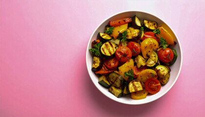 Colorful Roasted Vegetables on Pink Background – Healthy Vegan Meal