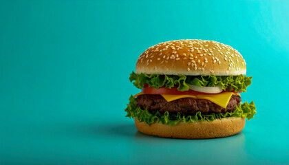 Tasty Cheeseburger with Lettuce and Tomato on Blue Background