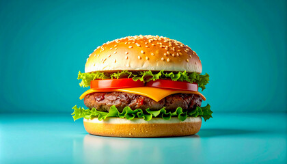 Tasty Cheeseburger with Lettuce and Tomato on Blue Background