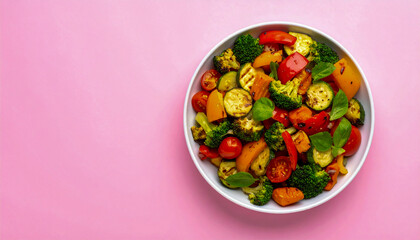 Colorful Roasted Vegetables on Pink Background – Healthy Vegan Meal