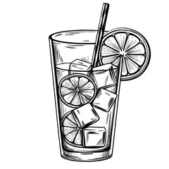 Refreshing lemonade with ice cubes and lemon slices in glass, vector isolated on white background 