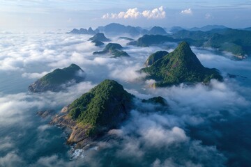 The sun rises in the sky, and there is an island of green trees surrounded by clouds atop many mountains Generative AI