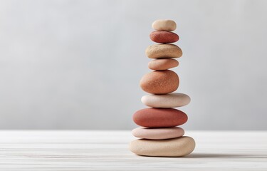 Balanced tower of smooth stones on a white surface showcasing tranquility and harmony in a minimalist composition