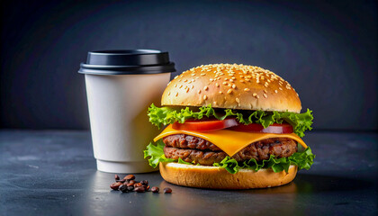Cheeseburger and Coffee Cup on Dark Background – Fast Food Breakfast Concept