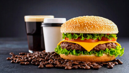 Cheeseburger and Coffee Cup on Dark Background – Fast Food Breakfast Concept