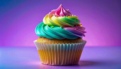 Colorful Rainbow Frosted Cupcake on Purple Background