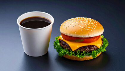 Cheeseburger and Coffee Cup on Dark Background – Fast Food Breakfast Concept