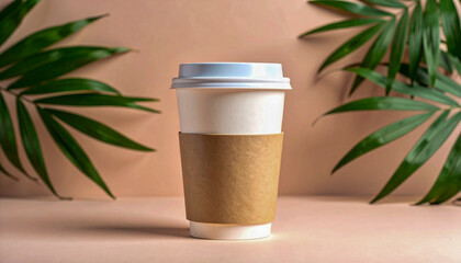 Minimal Takeaway Coffee Cup with Tropical Leaf Background