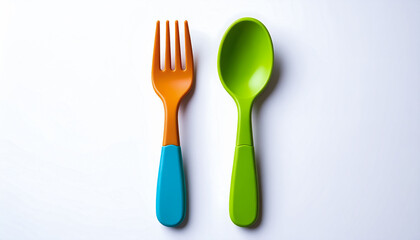 A Brightly Colored Plastic Fork and Spoon Set on White Background for Modern Kitchen Use