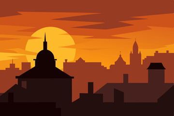 City of London skyline at sunset with silhouetted church architecture and towering domes