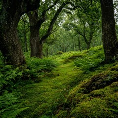 Obraz premium a lush forest filled with towering oak trees ferns and vibrant moss covering the ground representing a healthy ecosystem