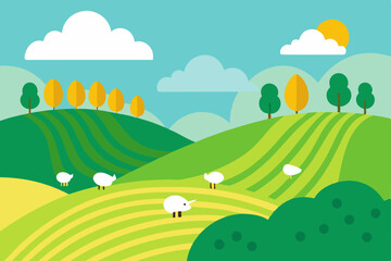 Obraz premium Serene Rolling Hills Landscape Pastoral Scene of Green Fields and Sheep