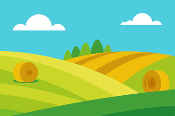 Serene Summer Landscape Rolling Hills, Hay Bales, and Sunny Skies