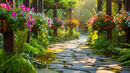 Fototapeta premium Sunlit Stone Path, Vibrant Flowers, Lush Garden A Serene Escape