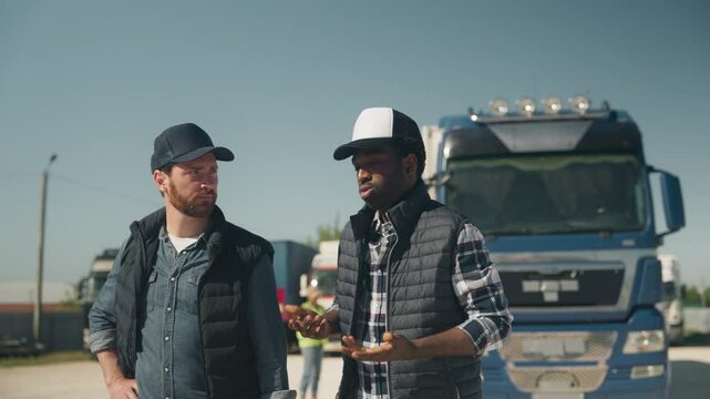 Two men walking side by side in logistics yard having conversation near parked blue truck. Discussing delays or planning next move. Focused expressions while coordinating transport tasks.