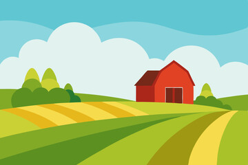 Naklejka premium Serene Farmland Landscape Rolling Hills, Red Barn, and Golden Fields