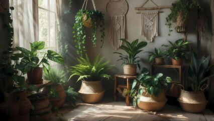 Obraz premium Sun-Dappled Bohemian Room with Abundant Indoor Plants and Macrame Decor