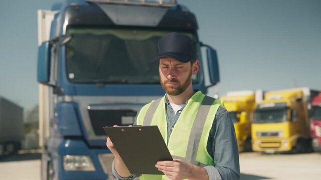 Caucasian man wearing reflective vest and cap. Holding clipboard while standing in front of blue truck. Appears supervising or inspecting vehicles at freight terminal or logistics hub.