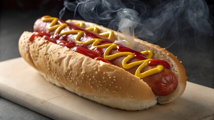 A delicious hot dog sits on a wooden board topped with ketchup and mustard steaming slightly