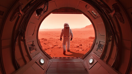 An astronaut exits a habitat on Mars, stepping onto the red terrain while exploring the potential for colonization and base construction