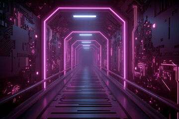Cyberpunk Corridor Composed of Repeating Neon Light Frames
