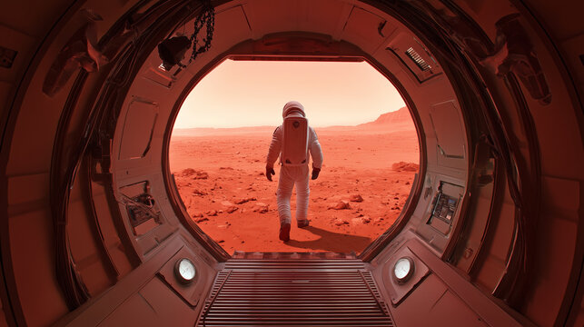 An astronaut exits a habitat on Mars, stepping onto the red terrain while exploring the potential for colonization and base construction
