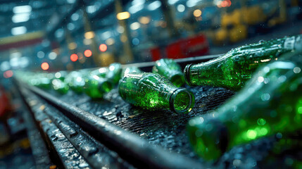 Green glass bottles on a moving conveyor belt inside an industrial recycling or beverage factory