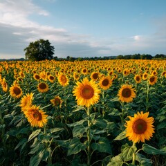 Fototapeta premium a large sunflower patch stretching towards the sun with green stalks and yellow petals creating a vibrant summer scene