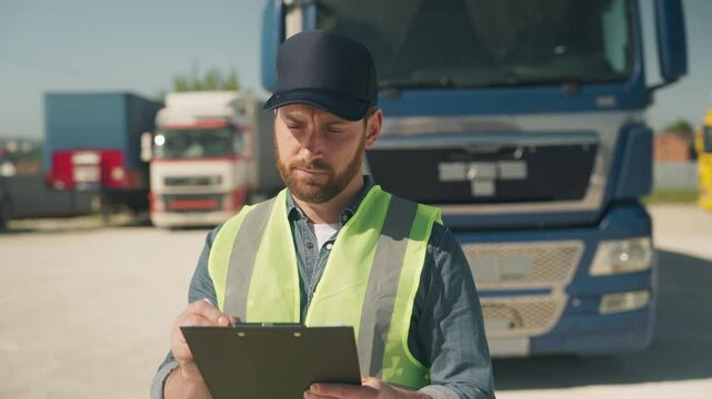 Focused Caucasian male with trimmed beard wearing neon safety vest and cap holding clipboard. Standing near trucks. Writing notes or inspecting logistics data. Evaluating shipment schedule outdoors.