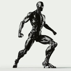 Monochrome full-length image of a cyborg taking a step on a gray isolated background. Vector graphics. EPS.