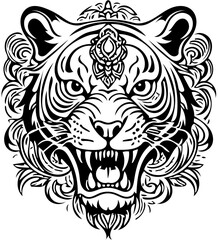 Obraz premium Stylized tiger skull fusion, abstract tattoo design, black and white vector